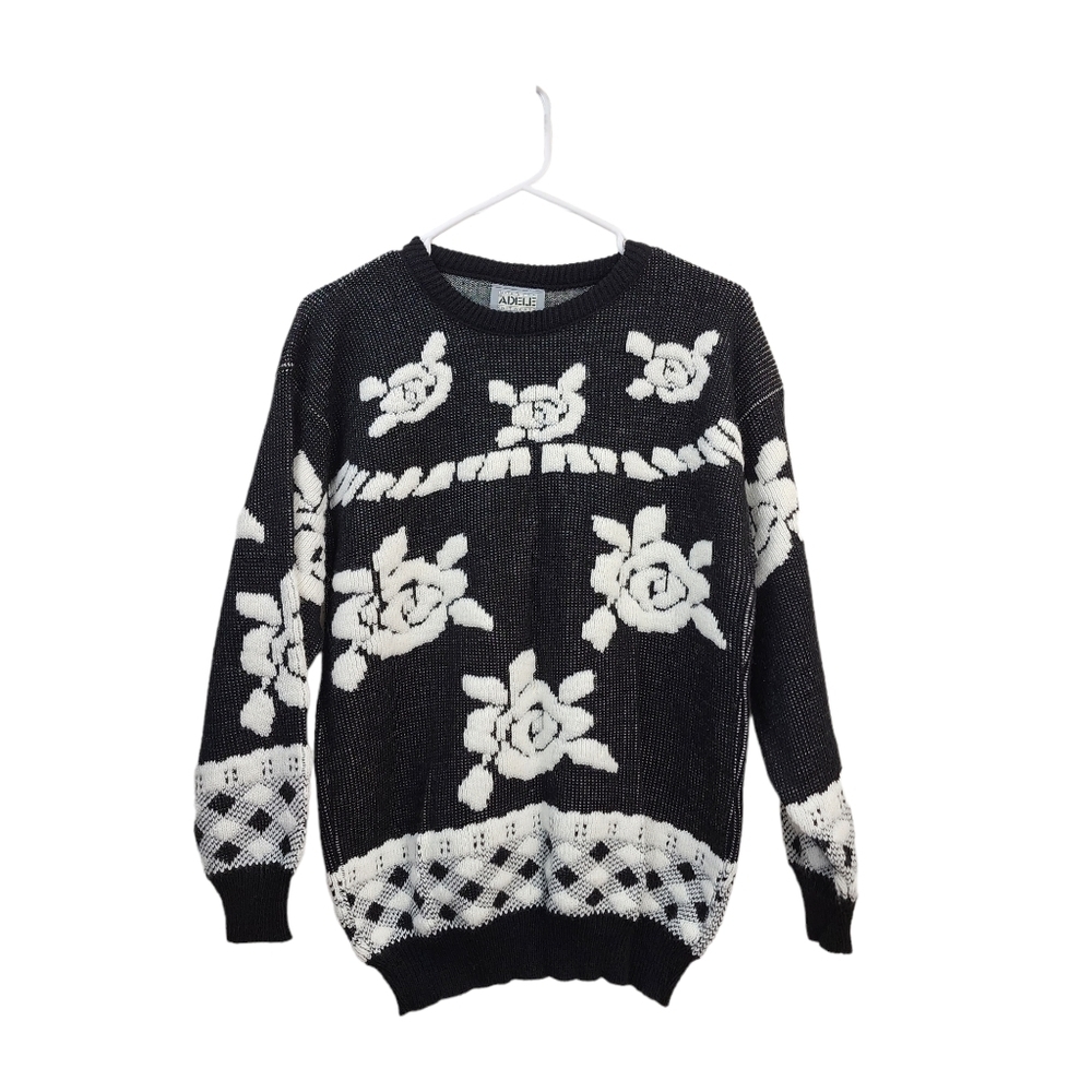 Adele Knitwear Women's Vintage Floral And Plaid Crew Neck Sweater
